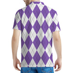 White And Purple Argyle Pattern Print Men's Polo Shirt