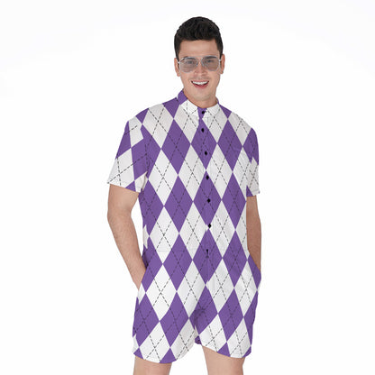 White And Purple Argyle Pattern Print Men's Rompers