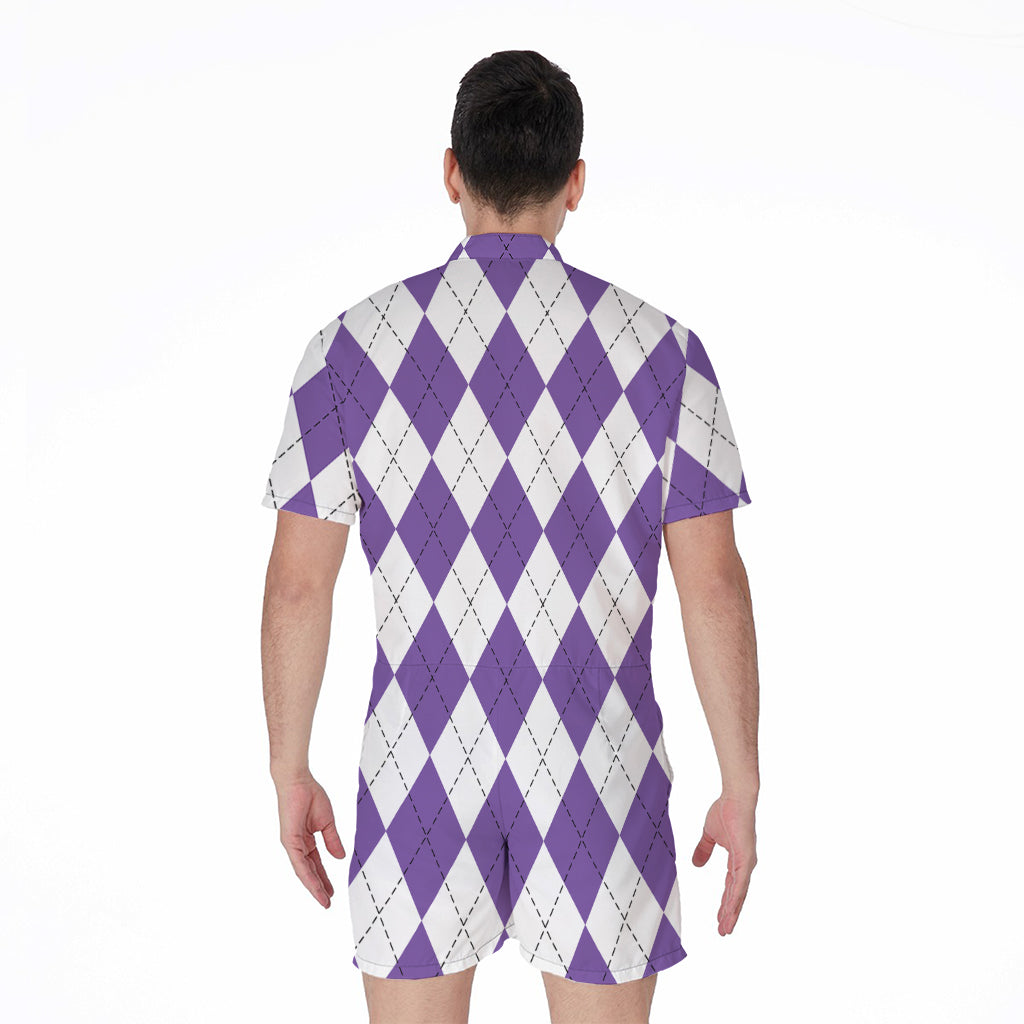 White And Purple Argyle Pattern Print Men's Rompers