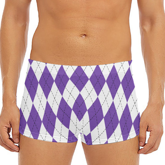 White And Purple Argyle Pattern Print Men's Short Boxer Briefs