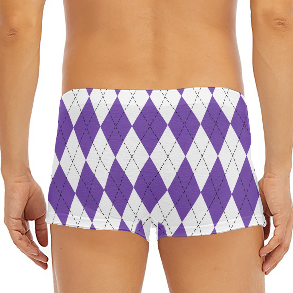 White And Purple Argyle Pattern Print Men's Short Boxer Briefs
