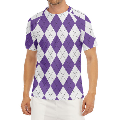White And Purple Argyle Pattern Print Men's Short Sleeve Rash Guard