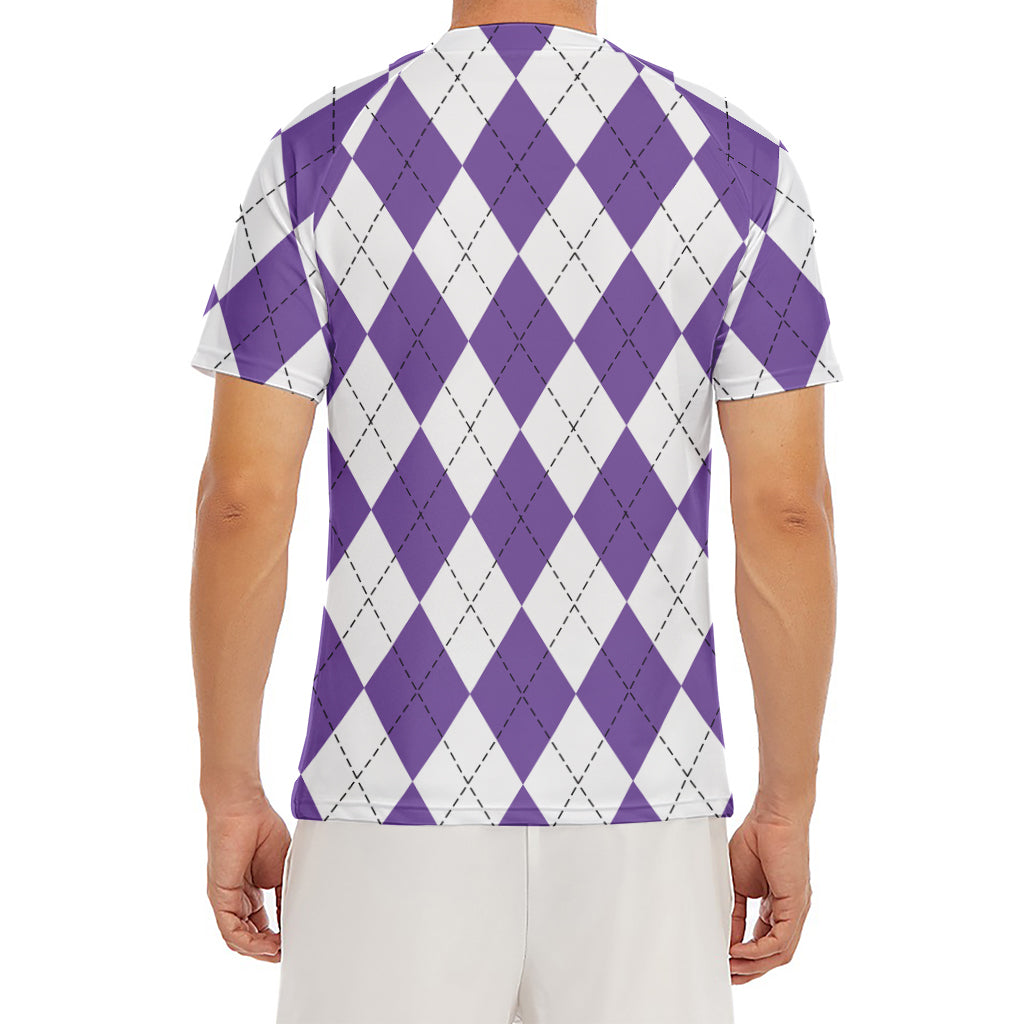 White And Purple Argyle Pattern Print Men's Short Sleeve Rash Guard