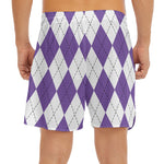 White And Purple Argyle Pattern Print Men's Split Running Shorts