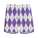 White And Purple Argyle Pattern Print Men's Sports Shorts
