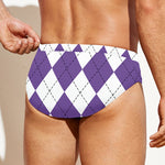 White And Purple Argyle Pattern Print Men's Swim Briefs