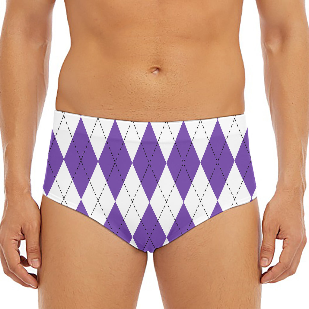 White And Purple Argyle Pattern Print Men's Triangle Swim Briefs