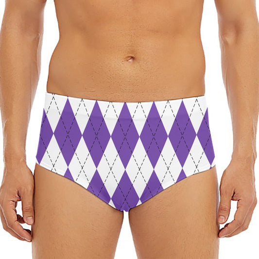 White And Purple Argyle Pattern Print Men's Triangle Swim Briefs