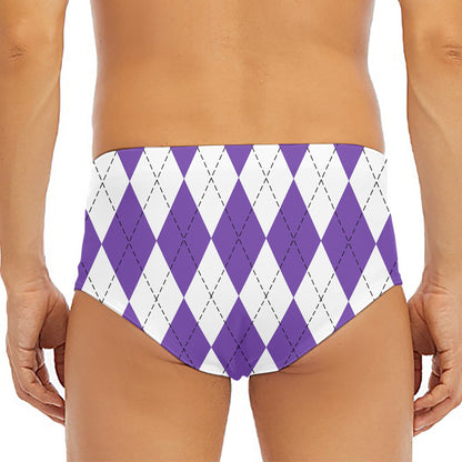 White And Purple Argyle Pattern Print Men's Triangle Swim Briefs