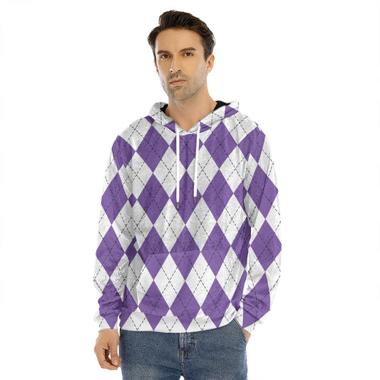 White And Purple Argyle Pattern Print Men's Velvet Pullover Hoodie