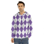 White And Purple Argyle Pattern Print Men's Velvet Pullover Hoodie