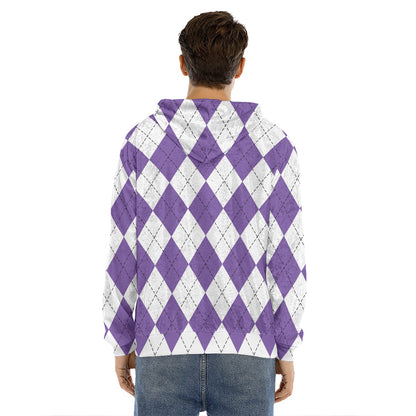 White And Purple Argyle Pattern Print Men's Velvet Pullover Hoodie