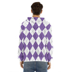 White And Purple Argyle Pattern Print Men's Velvet Pullover Hoodie