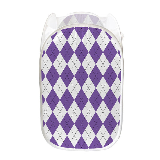 White And Purple Argyle Pattern Print Mesh Laundry Hamper