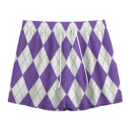White And Purple Argyle Pattern Print Mesh Shorts