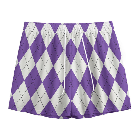 White And Purple Argyle Pattern Print Mesh Shorts