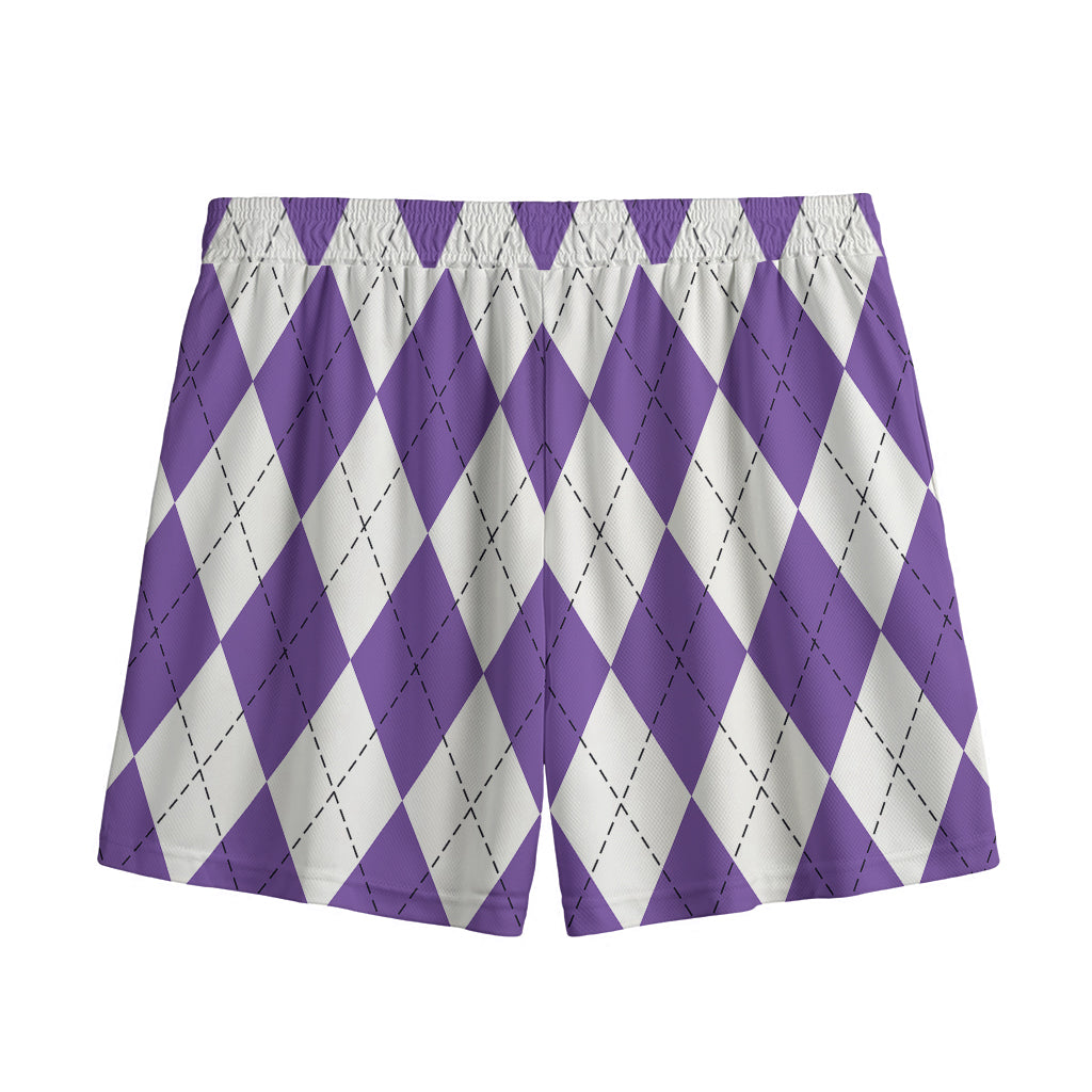 White And Purple Argyle Pattern Print Mesh Shorts