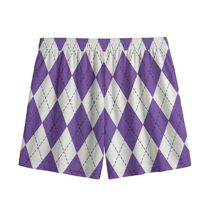White And Purple Argyle Pattern Print Mesh Shorts