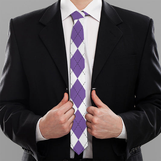 White And Purple Argyle Pattern Print Necktie