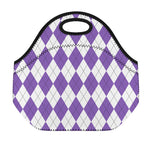 White And Purple Argyle Pattern Print Neoprene Lunch Bag