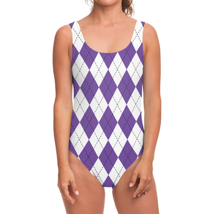 White And Purple Argyle Pattern Print One Piece Swimsuit