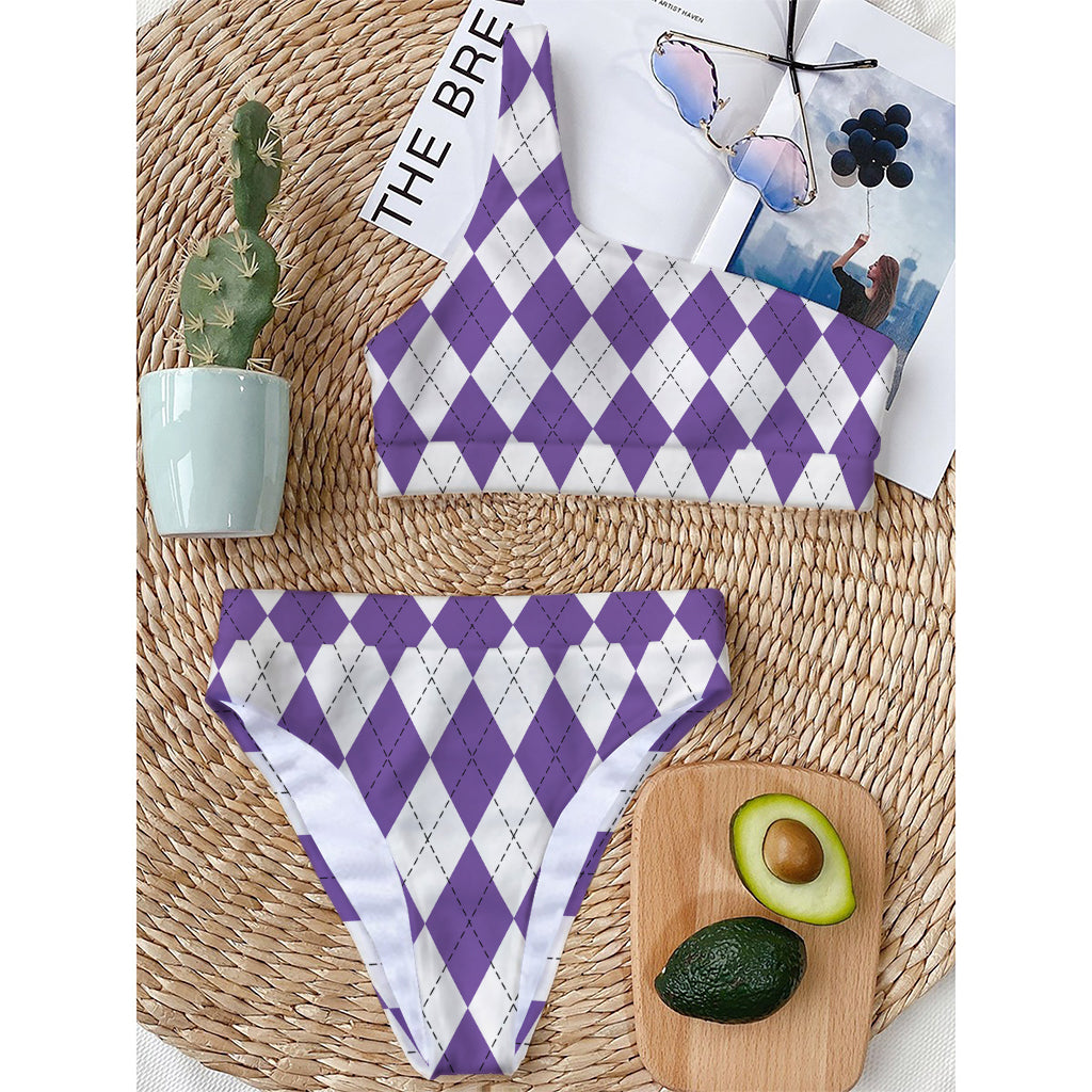 White And Purple Argyle Pattern Print One Shoulder Bikini Top