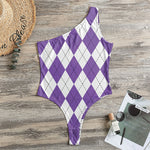 White And Purple Argyle Pattern Print One Shoulder Bodysuit