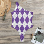 White And Purple Argyle Pattern Print One Shoulder Bodysuit