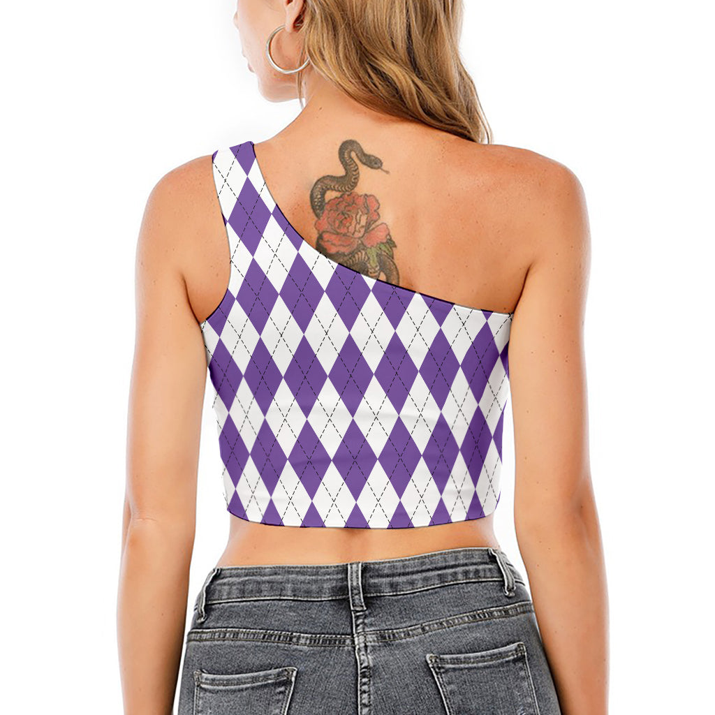 White And Purple Argyle Pattern Print One Shoulder Crop Top