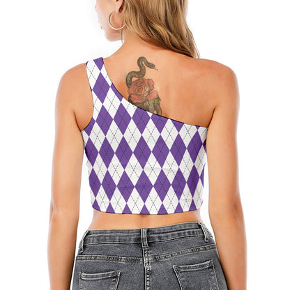 White And Purple Argyle Pattern Print One Shoulder Crop Top