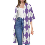 White And Purple Argyle Pattern Print Open Front Beach Cover Up