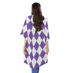White And Purple Argyle Pattern Print Open Front Beach Cover Up