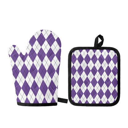 White And Purple Argyle Pattern Print Oven Mitt And Pot Holder Set