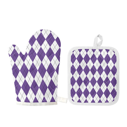 White And Purple Argyle Pattern Print Oven Mitt And Pot Holder Set
