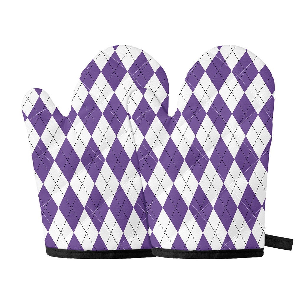 White And Purple Argyle Pattern Print Oven Mitts