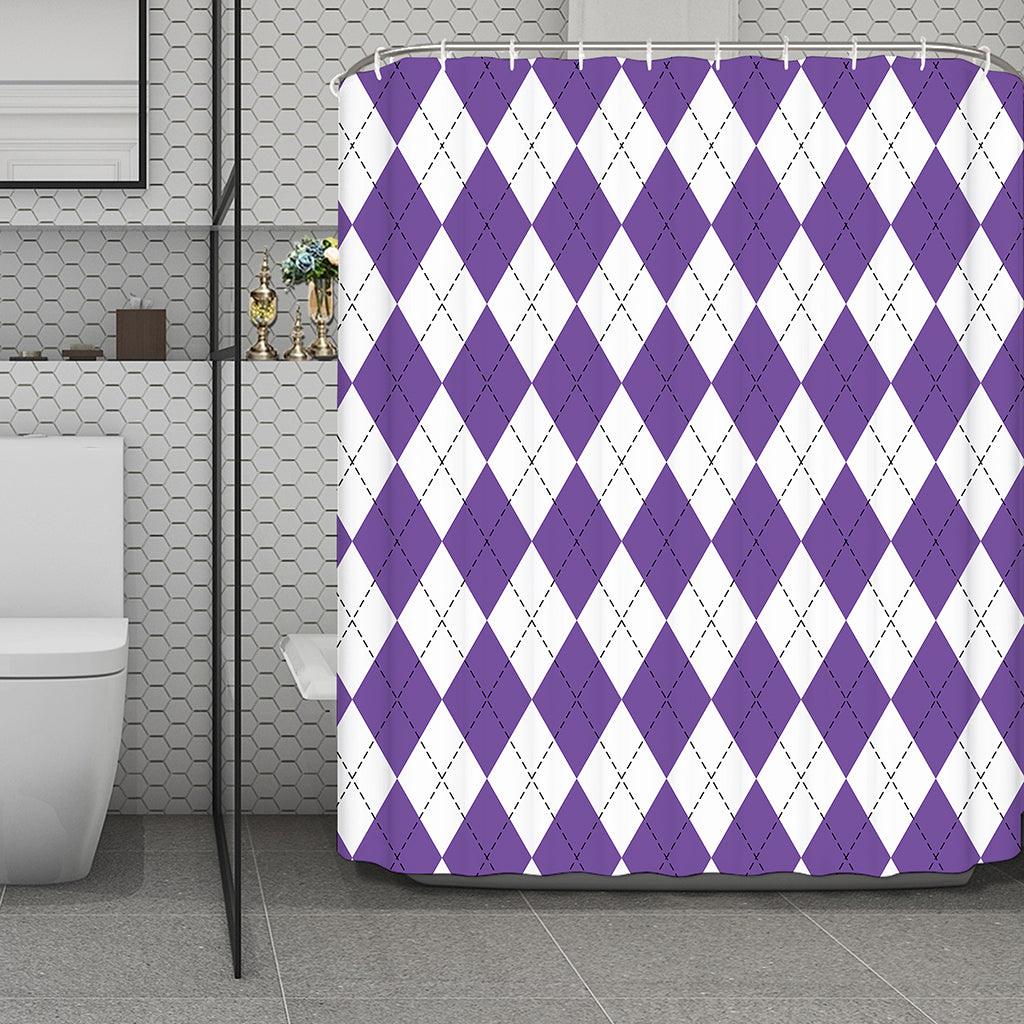 White And Purple Argyle Pattern Print Polyester Shower Curtain