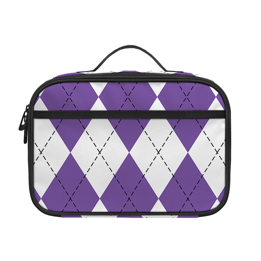 White And Purple Argyle Pattern Print Portable Lunch Bag