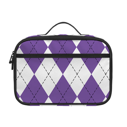 White And Purple Argyle Pattern Print Portable Lunch Bag
