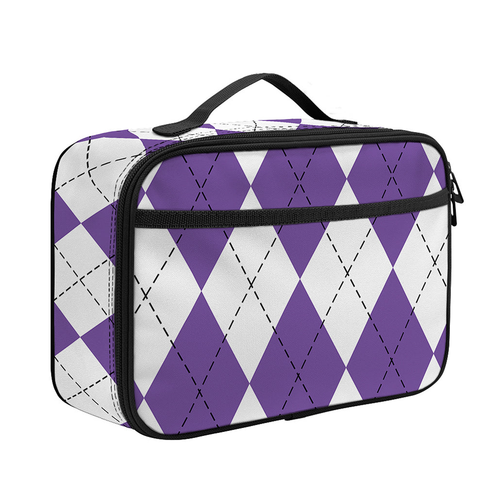 White And Purple Argyle Pattern Print Portable Lunch Bag