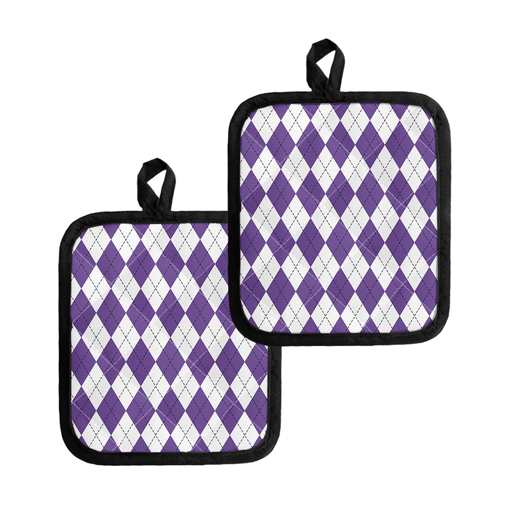 White And Purple Argyle Pattern Print Pot Holders