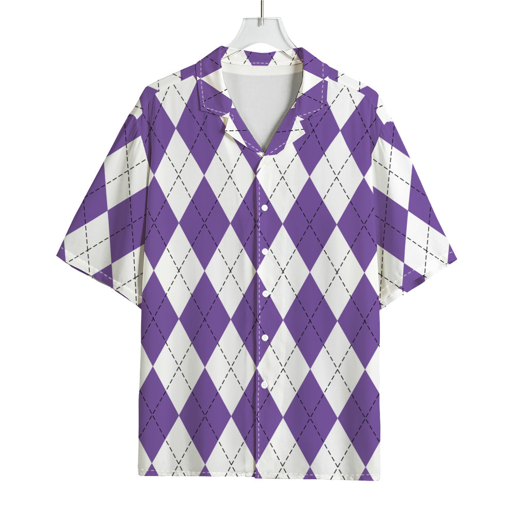 White And Purple Argyle Pattern Print Rayon Hawaiian Shirt