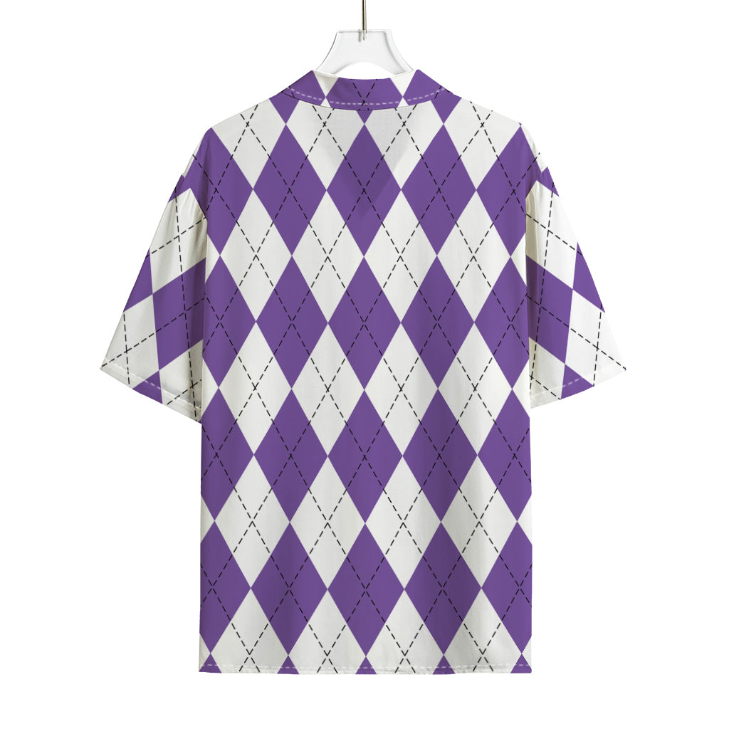 White And Purple Argyle Pattern Print Rayon Hawaiian Shirt