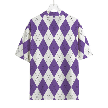 White And Purple Argyle Pattern Print Rayon Hawaiian Shirt