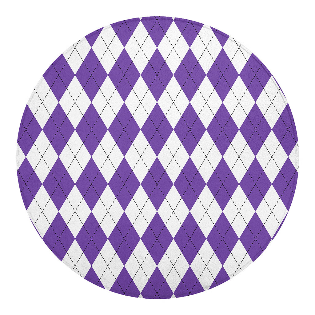 White And Purple Argyle Pattern Print Round Blanket