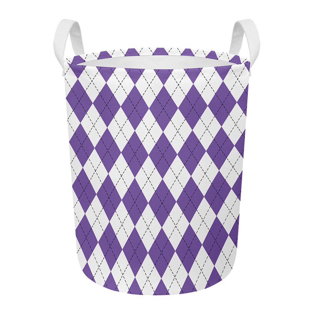 White And Purple Argyle Pattern Print Round Laundry Basket