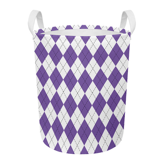White And Purple Argyle Pattern Print Round Laundry Basket