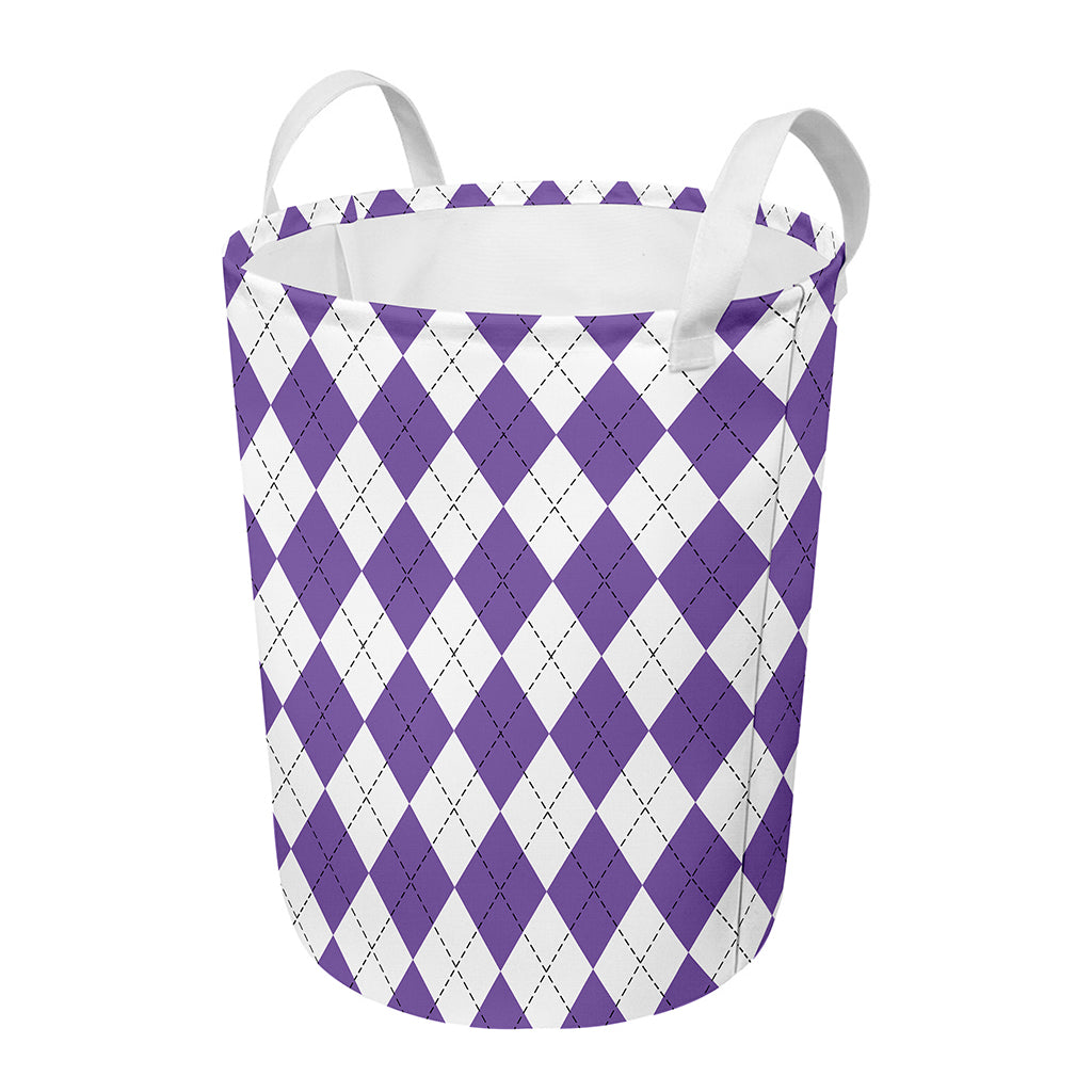 White And Purple Argyle Pattern Print Round Laundry Basket