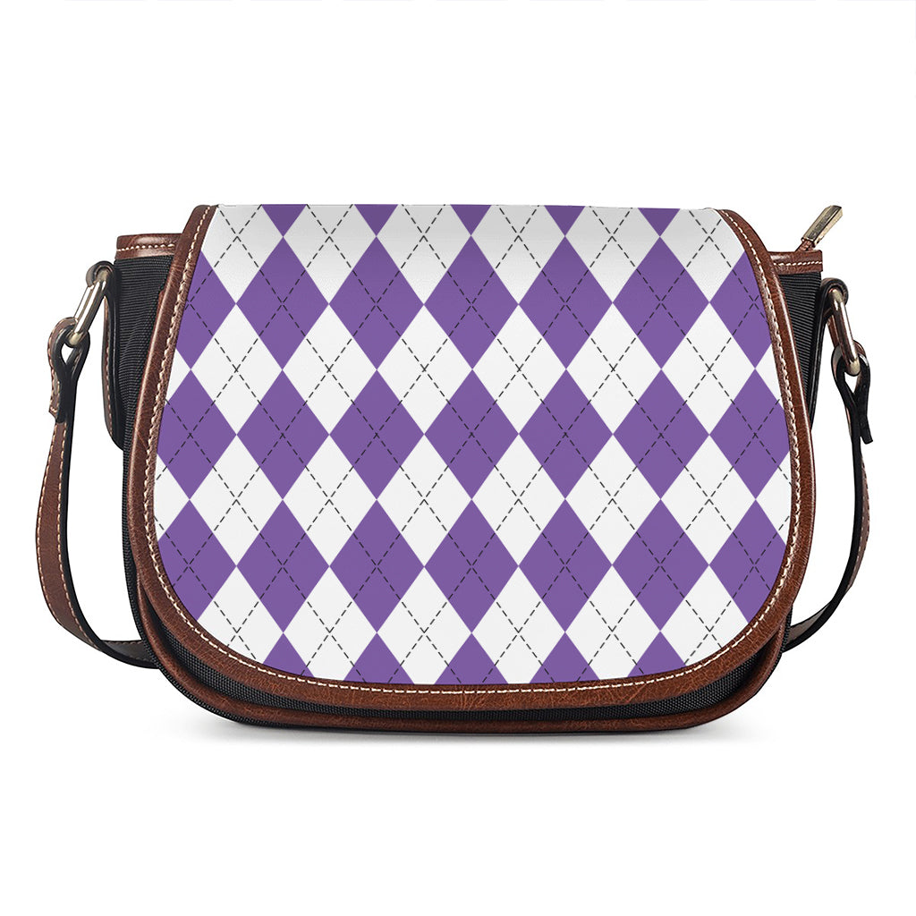 White And Purple Argyle Pattern Print Saddle Bag
