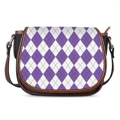 White And Purple Argyle Pattern Print Saddle Bag