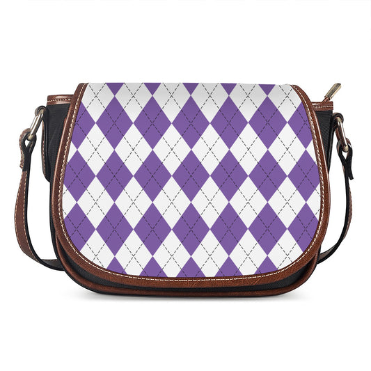 White And Purple Argyle Pattern Print Saddle Bag